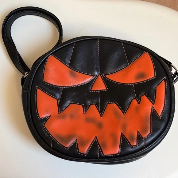 Love Pain and Stitches Black and Orange Jack O Lantern Face Crossbody Bag - Picture 2 of 5